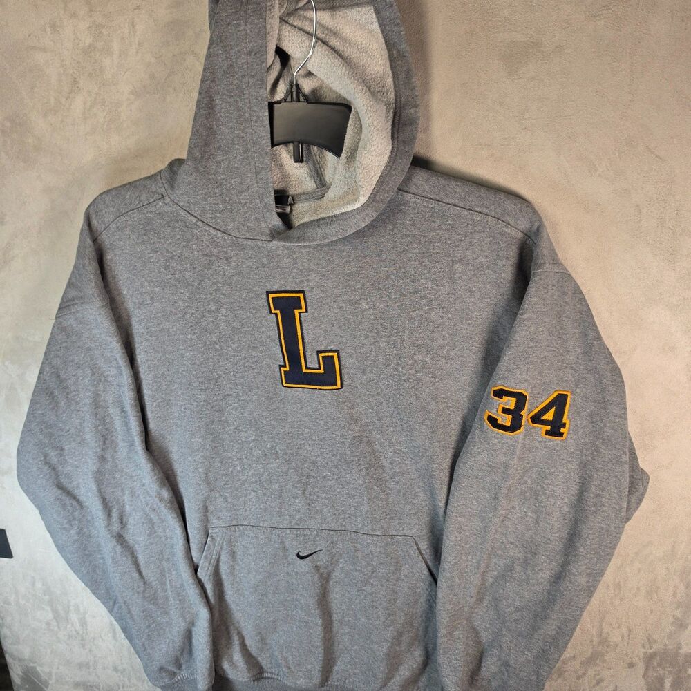 Vintage Nike Center Swoosh Hoodie Gray Varsity Letter L 34 Sleeve Men's Pullover